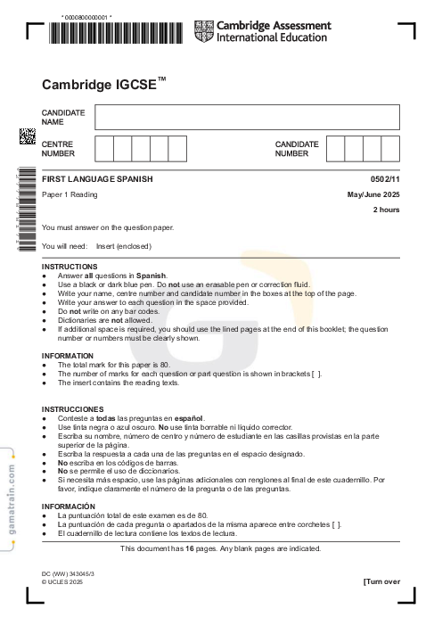 Spanish First Language 0502/11 May June 2025