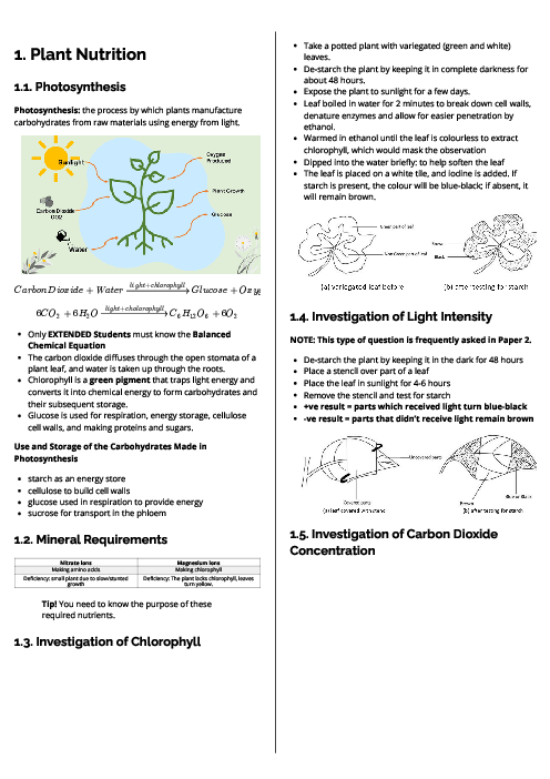 Biology (0610) Plant Nutrition Revision Note