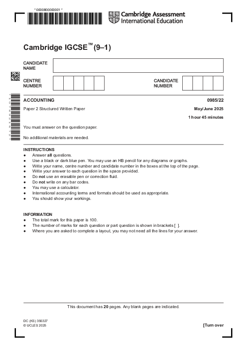 Accounting 0985/22 May June 2025