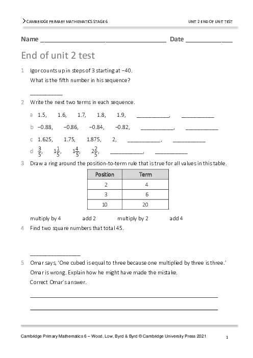 Year 6 Mathematics End of Unit 2 Test - Answers Included