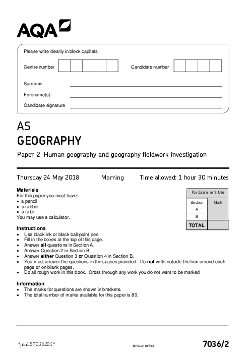Geography 7036 Paper 2 June 2018, AQA AS-Level Past Papers with Mark Schemes