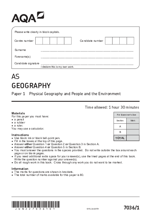 Geography 7036 Paper 1 June 2022, AQA AS-Level Past Papers with Mark Schemes