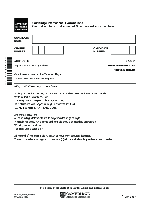 Accounting 9706/32 May June 2018 | Cambridge AS Level Past Papers With Mark Scheme