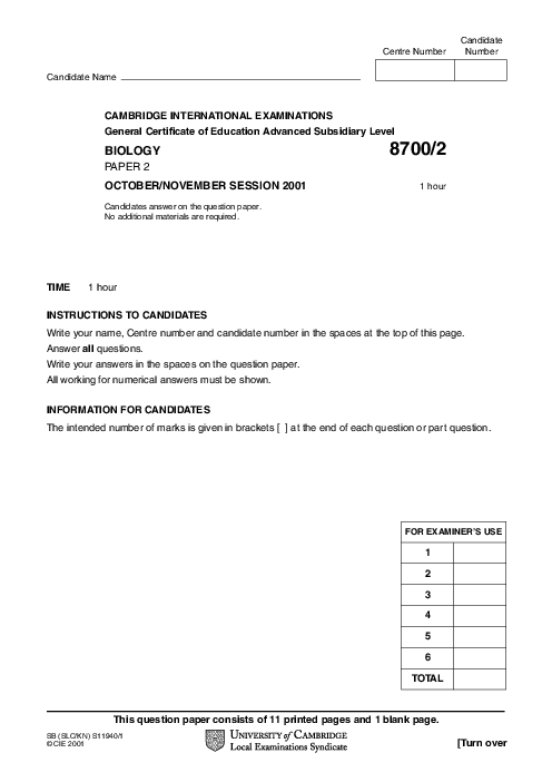 Biology 9700/02 Oct Nov 2001 | Cambridge AS Level Past Papers With Mark Scheme