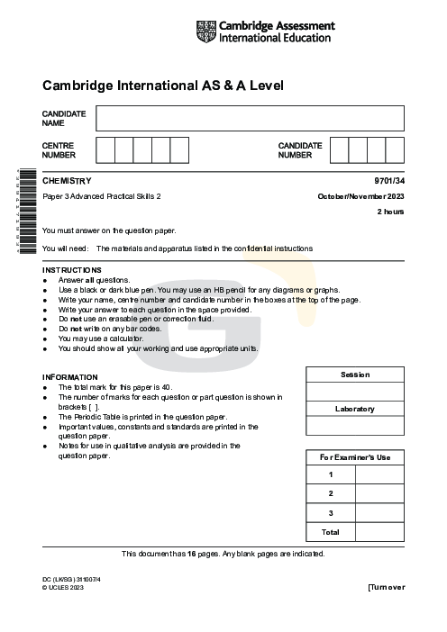 Chemistry 9701/34 Oct Nov 2023 | Cambridge AS Level Past Papers With Mark Scheme