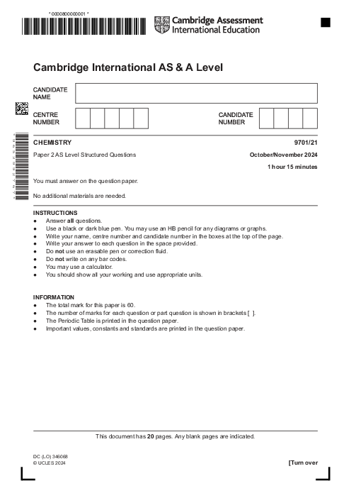 Chemistry 9701,21 Oct Nov 2024 | Cambridge AS - A Level Past Papers With Mark Scheme