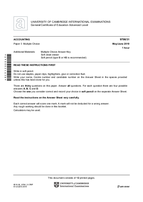 Paper 2, Variant 3, May June 2010 | Cambridge AS and A Level Accounting (9706) Past Papers