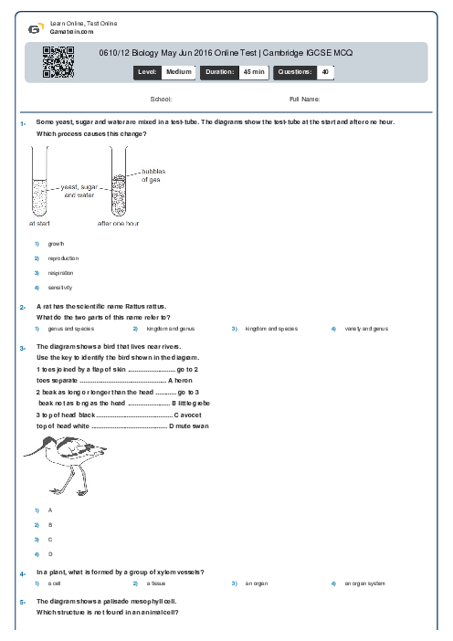 0610/12 Biology May Jun 2016 Online Test | Cambridge IGCSE MCQ
