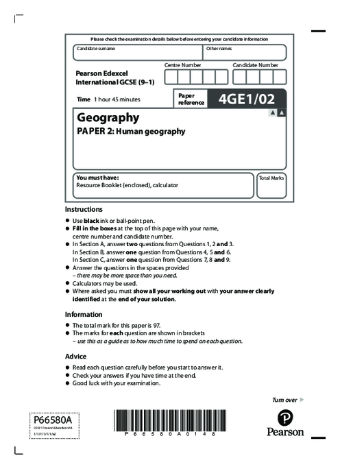 Geography 4GE1/02 June  2021 | Edexcel  IGCSE Past Papers With Mark Scheme