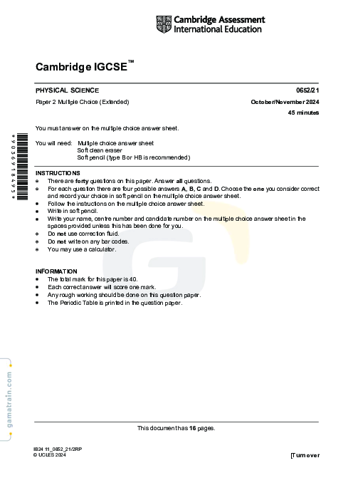 Physical Science 0652/21 Oct Nov 2024
