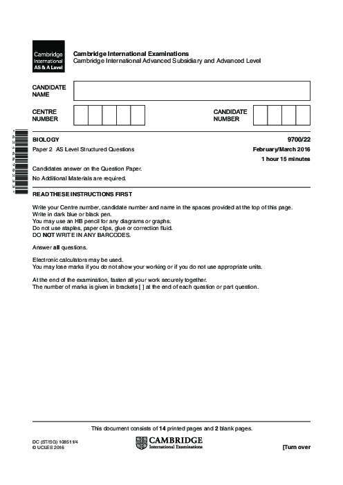 Paper 2, Variant 2, March 2016 | Cambridge AS - A Level Biology (9700) Past Papers