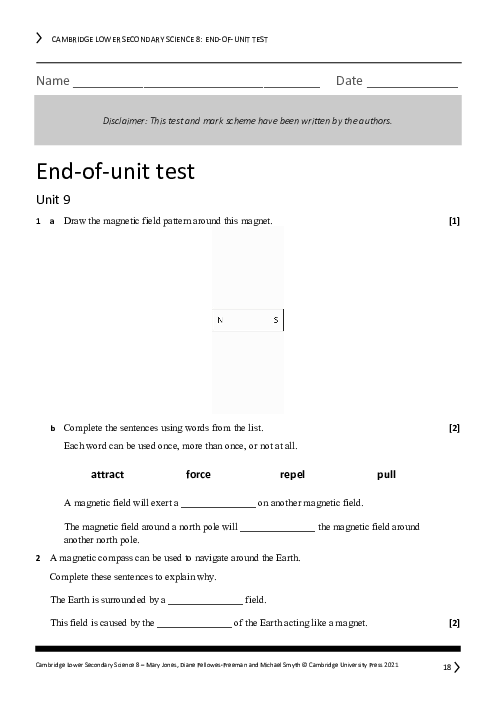 Year 8 Science End of Unit 9 Test - Answers Included