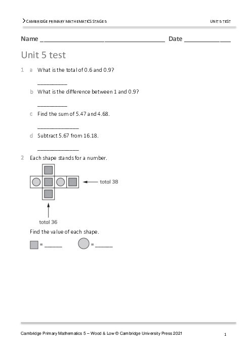 Year 5 Mathematics End of Unit 5 Test - Answers Included