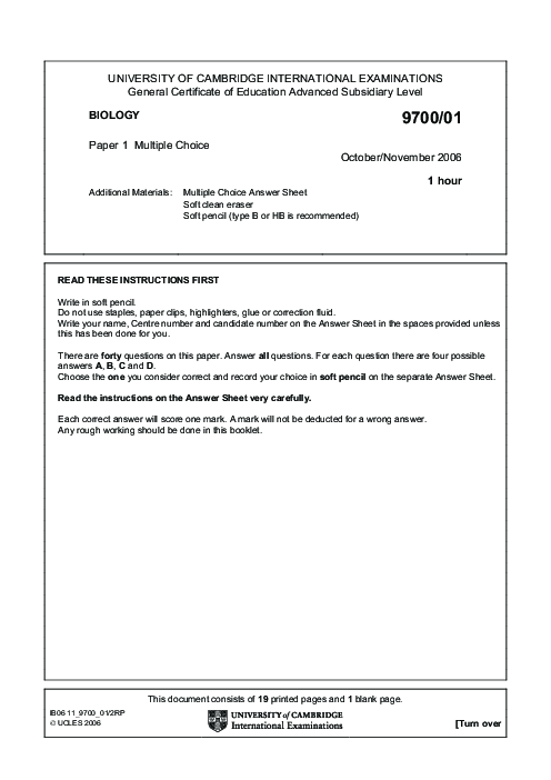 Paper 1, Oct Nov 2006 | Cambridge AS - A Level Biology (9700) Past Papers