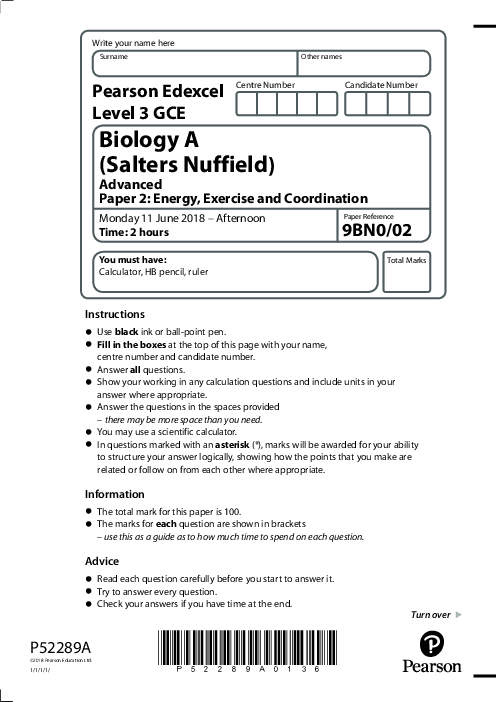  Biology (A) 9BN0/02 May June  2018 | Edexcel  A Level Past Papers With Mark Scheme