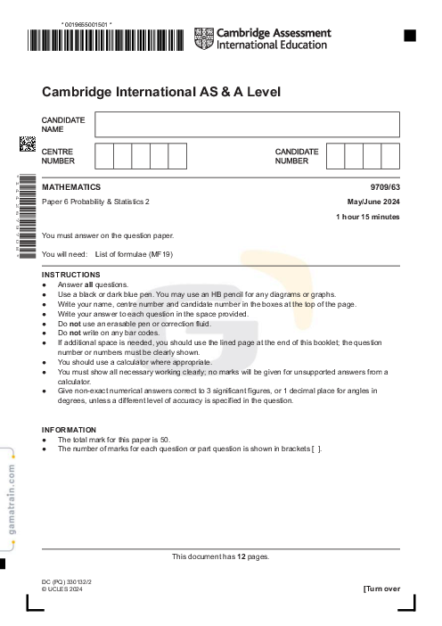 Mathematics 9709/63 May June 2024