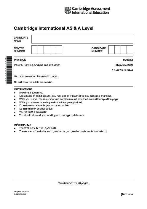 Paper 5, Variant 3, May June 2021 | Cambridge AS - A Level Physics (9702) Past Papers