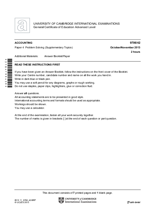 Accounting 9706/42 Oct Nov 2013 | Cambridge AS Level Past Papers With Mark Scheme