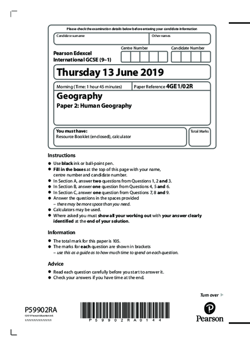 Geography 4GE1/02R June  2019 | Edexcel  IGCSE Past Papers With Mark Scheme