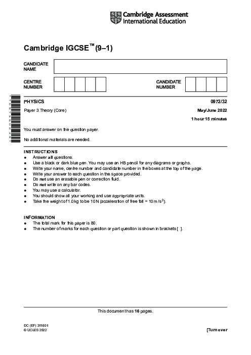 Paper 3, Variant 2, May June 2022 | Cambridge 9–1 GCSE  Physics (0972) Past Papers