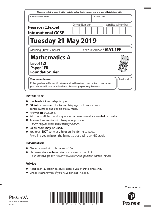 Mathematics (A) 4MA1/1FR May Jun  2019 | Edexcel IGCSE Past Papers With Mark Scheme