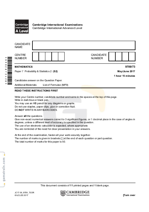 Mathematics 9709/73 May June 2017