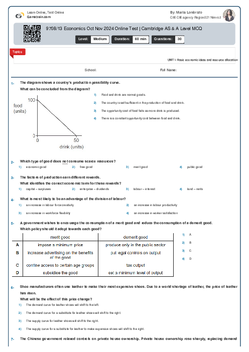 9708/13 Economics Oct Nov 2024 Online Test | Cambridge AS & A Level MCQ