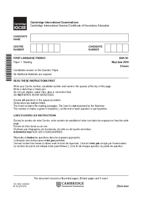 French First Language 0501/01 May June 2018