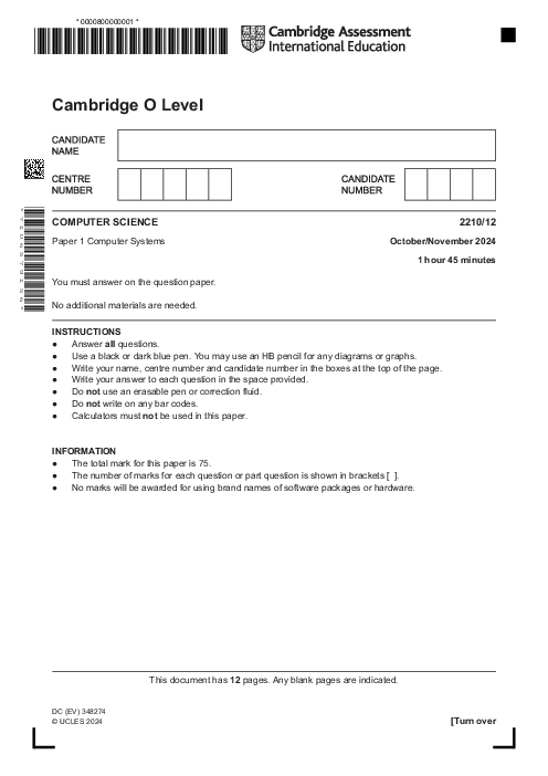  Computer Science 2210/12 Oct Nov 2024 | Cambridge O-Level Past Papers With Mark Scheme