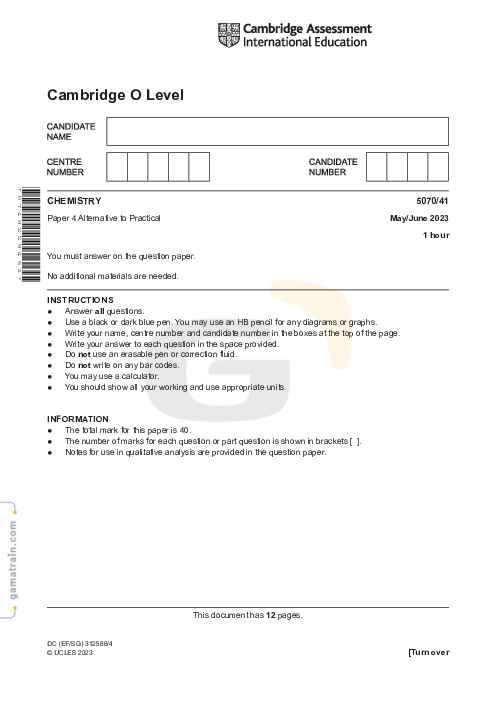 Chemistry 5070/41 May June 2023