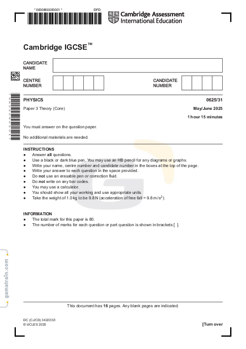 Physics 0625/31 May June 2025
