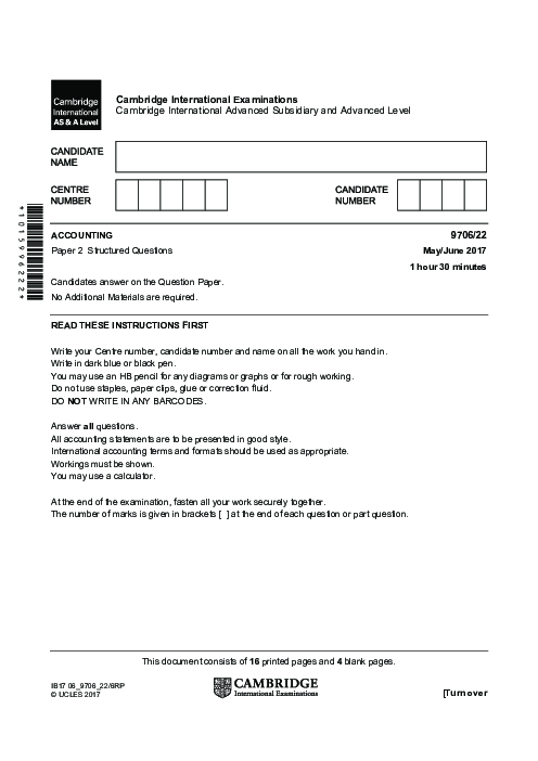 Accounting 9706/22 May June 2017 | Cambridge AS Level Past Papers With Mark Scheme