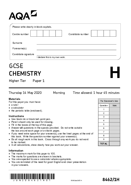 Chemistry 8462/1H June 2020