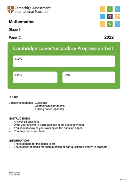 Cambridge Progression Test Stage 9 Mathematics 2022 Paper 2