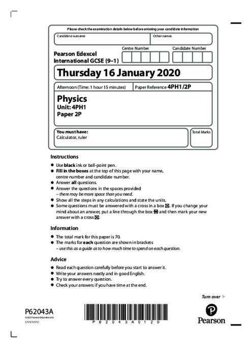  Physics 4PH1/2P January  2020 | Edexcel  IGCSE Past Papers With Mark Scheme