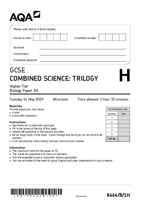 Combined Sciecne 8464/1H June 2019