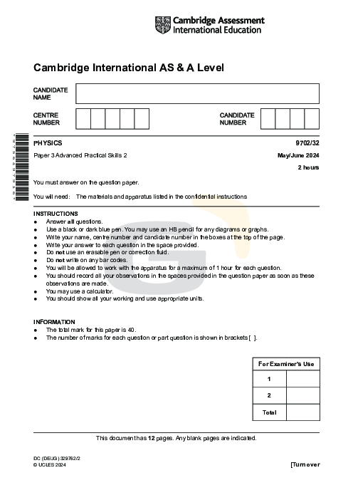 Physics 9702/33 May June 2024 | Cambridge AS Level Past Papers With Mark Scheme