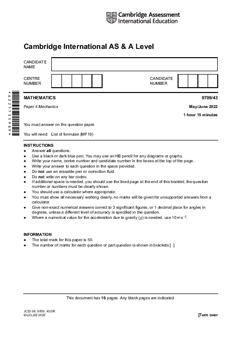 Mathematics 9709/43 May June 2022 | Cambridge AS & A Level Past Papers With Mark Scheme