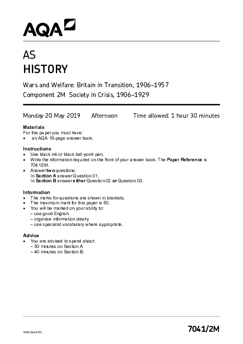 History 7041 Paper 2M June 2019, AQA AS-Level Past Papers with Mark Schemes