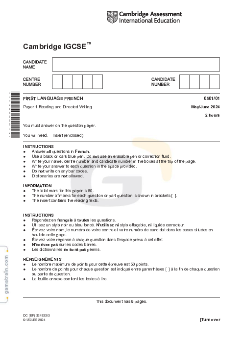 French First Language 0501/01 May June 2024