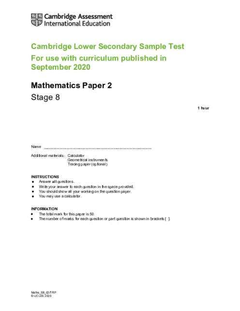 Progression Test Stage 8 Mathematics 2020 Paper 2