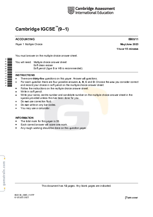 Accounting 0985/11 May June 2023
