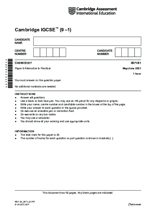  Chemistry 0971/61 May June 2021 | Cambridge 9–1 IGCSE Past Papers With Mark Scheme