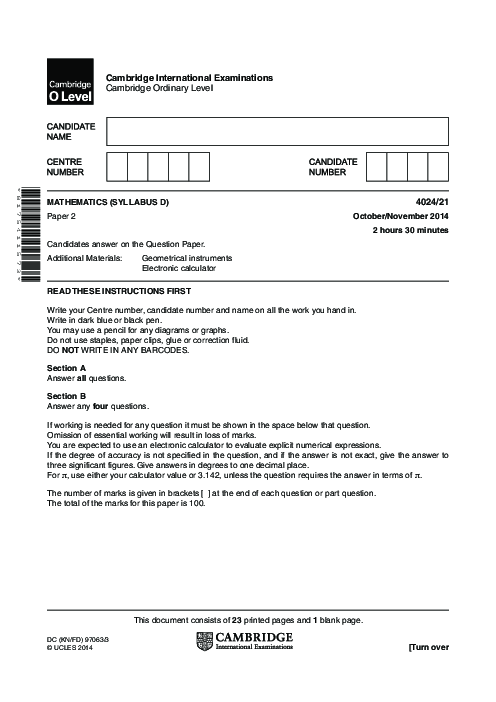 Mathematics Syllabus D 4024/12 Oct Nov 2014