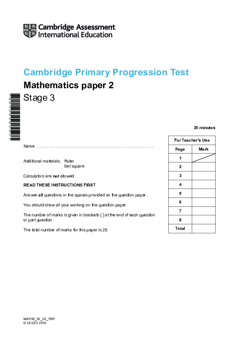 Cambridge Progression Test Stage 3 Mathematics 2018 Paper 2 With Mark Scheme