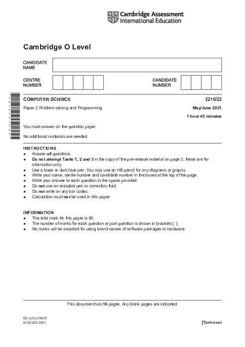  Computer Science 2210/22 May June 2021 | Cambridge O-Level Past Papers With Mark Scheme