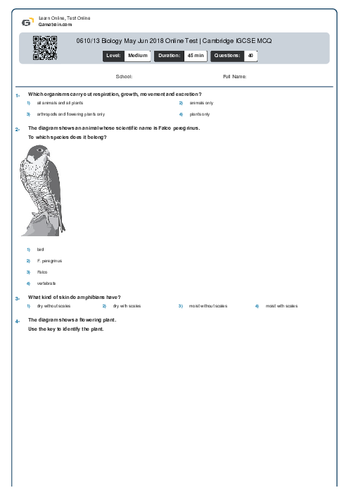 0610/13 Biology May Jun 2018 Online Test | Cambridge IGCSE MCQ