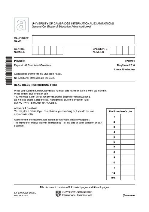 Paper 3, Variant 5, May June 2010 | Cambridge AS - A Level Physics (9702) Past Papers