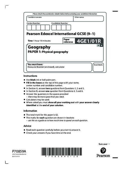 Geography 4GE1/01R June  2022 | Edexcel  IGCSE Past Papers With Mark Scheme