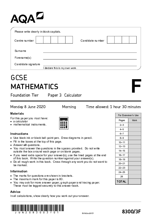 Mathematics 8300/3F June 2020